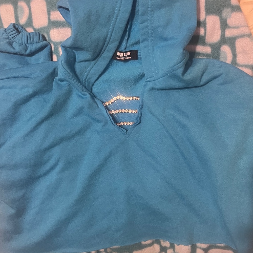 Turquoise Crop Top Hoodie with V-Neck Detail